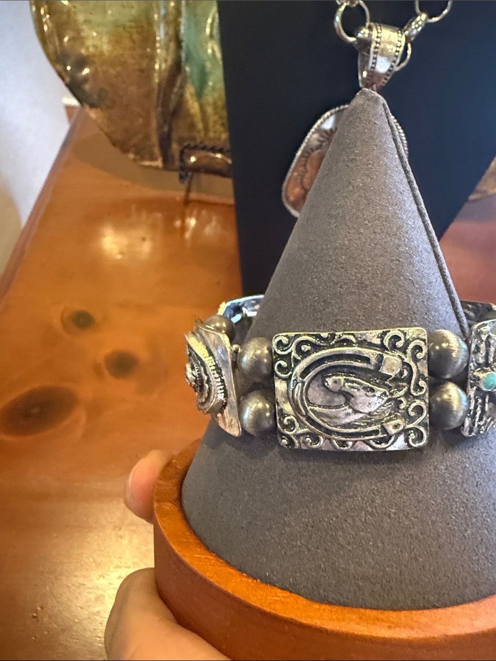Silver-Tone Pendant Necklace with Turquoise Accents - Picture 10 of 11